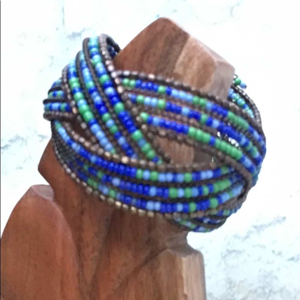 Bohemian Wire Cuff Braided Multicolor Seed Bead Bracelet